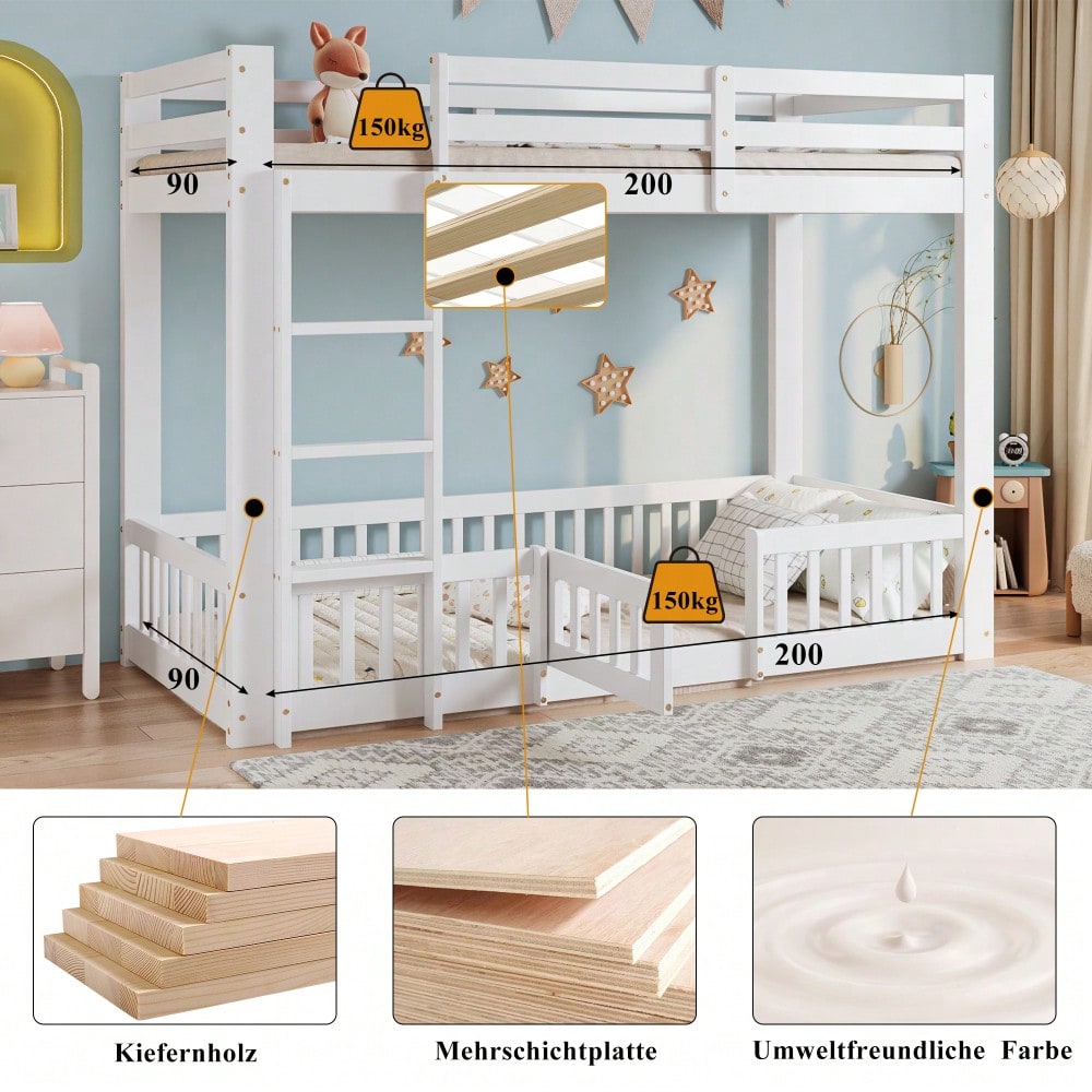 [29688788WAA] Etagenbett, Holzbett, Kiefer + LVL, mit rechtwinkliger Treppe, mit Geländer und Tür, mit Absturzsicherung, Freier Gestaltungsraum unter dem Bett, Weiß, 90x200cm