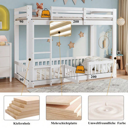 [29688788WAA] Etagenbett, Holzbett, Kiefer + LVL, mit rechtwinkliger Treppe, mit Geländer und Tür, mit Absturzsicherung, Freier Gestaltungsraum unter dem Bett, Weiß, 90x200cm