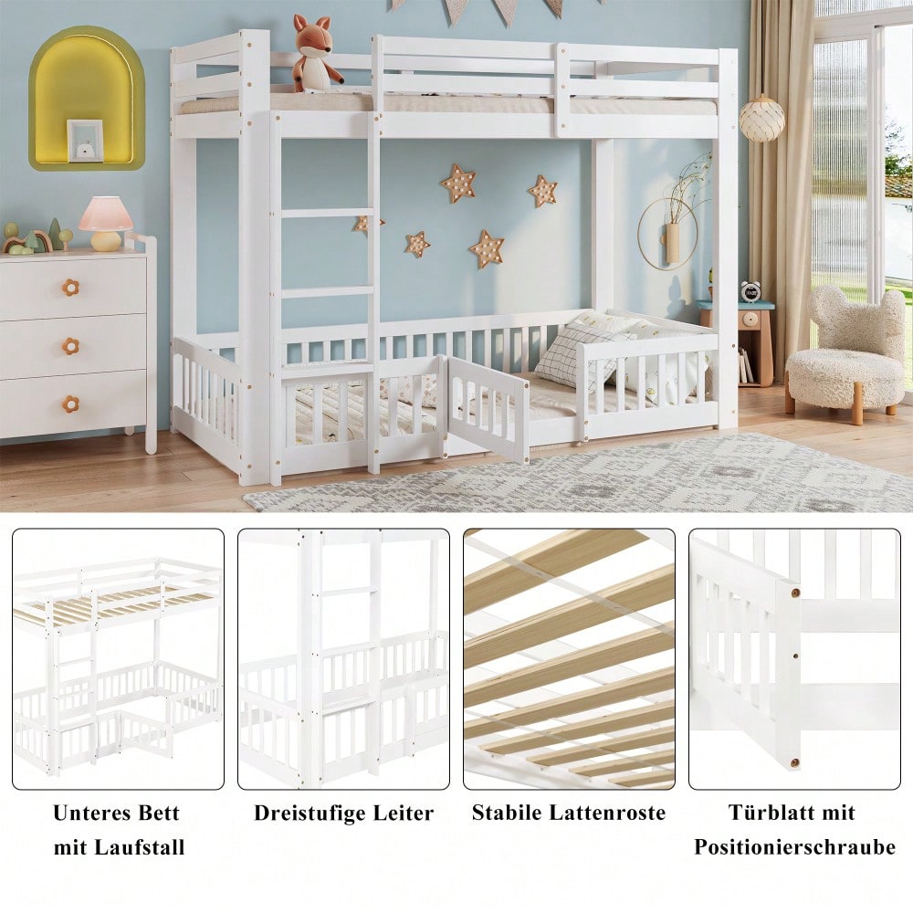 [29688788WAA] Etagenbett, Holzbett, Kiefer + LVL, mit rechtwinkliger Treppe, mit Geländer und Tür, mit Absturzsicherung, Freier Gestaltungsraum unter dem Bett, Weiß, 90x200cm