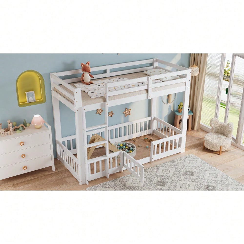 [29688788WAA] Etagenbett, Holzbett, Kiefer + LVL, mit rechtwinkliger Treppe, mit Geländer und Tür, mit Absturzsicherung, Freier Gestaltungsraum unter dem Bett, Weiß, 90x200cm