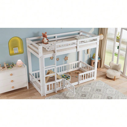 [29688788WAA] Etagenbett, Holzbett, Kiefer + LVL, mit rechtwinkliger Treppe, mit Geländer und Tür, mit Absturzsicherung, Freier Gestaltungsraum unter dem Bett, Weiß, 90x200cm