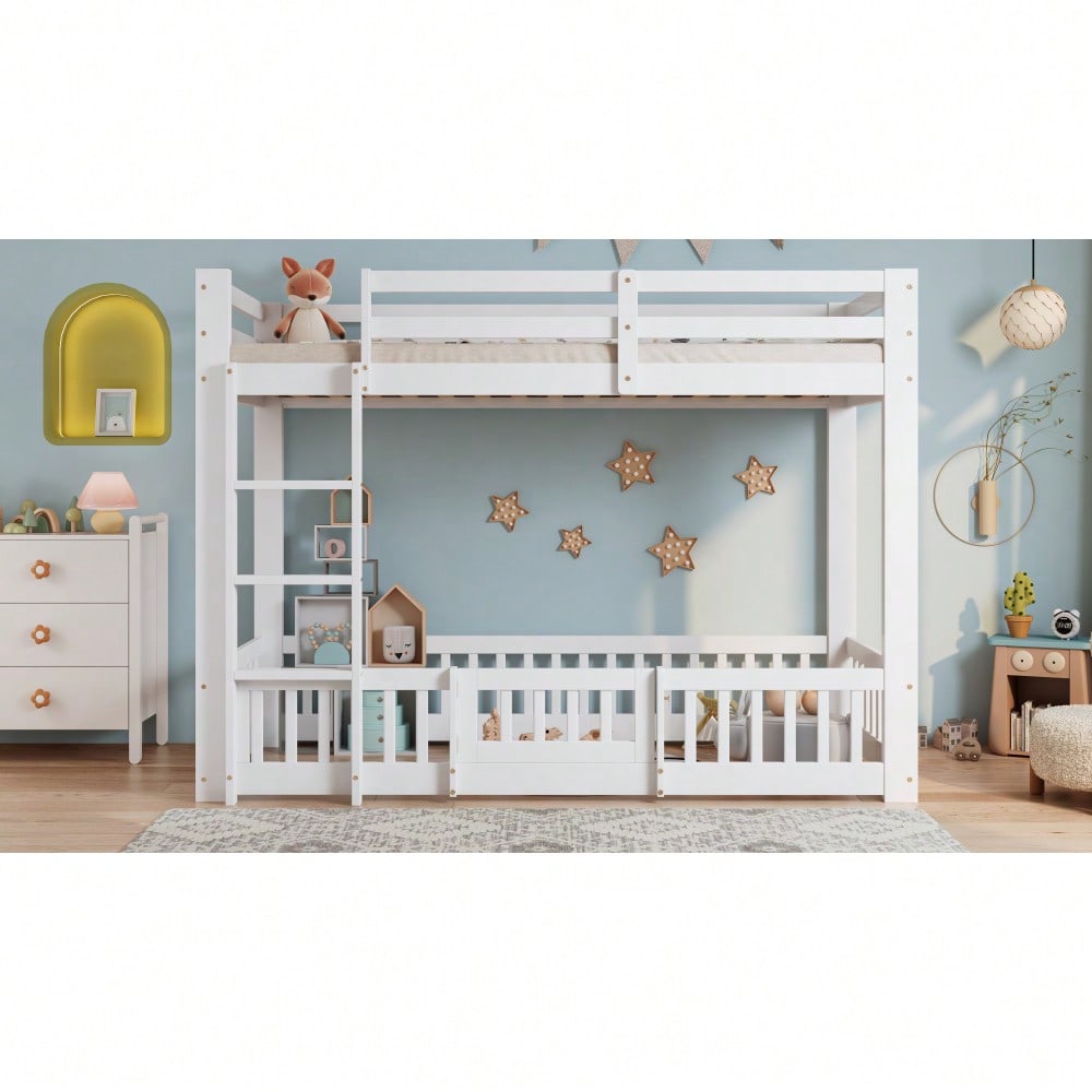 [29688788WAA] Etagenbett, Holzbett, Kiefer + LVL, mit rechtwinkliger Treppe, mit Geländer und Tür, mit Absturzsicherung, Freier Gestaltungsraum unter dem Bett, Weiß, 90x200cm