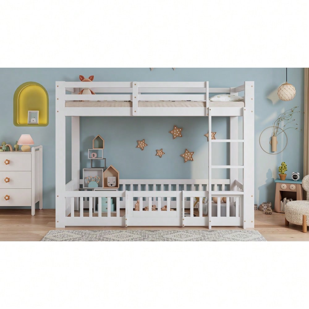 [29688788WAA] Etagenbett, Holzbett, Kiefer + LVL, mit rechtwinkliger Treppe, mit Geländer und Tür, mit Absturzsicherung, Freier Gestaltungsraum unter dem Bett, Weiß, 90x200cm