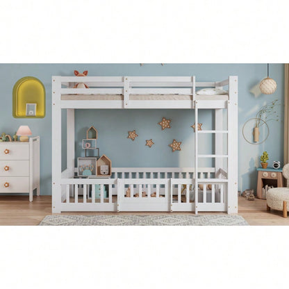 [29688788WAA] Etagenbett, Holzbett, Kiefer + LVL, mit rechtwinkliger Treppe, mit Geländer und Tür, mit Absturzsicherung, Freier Gestaltungsraum unter dem Bett, Weiß, 90x200cm