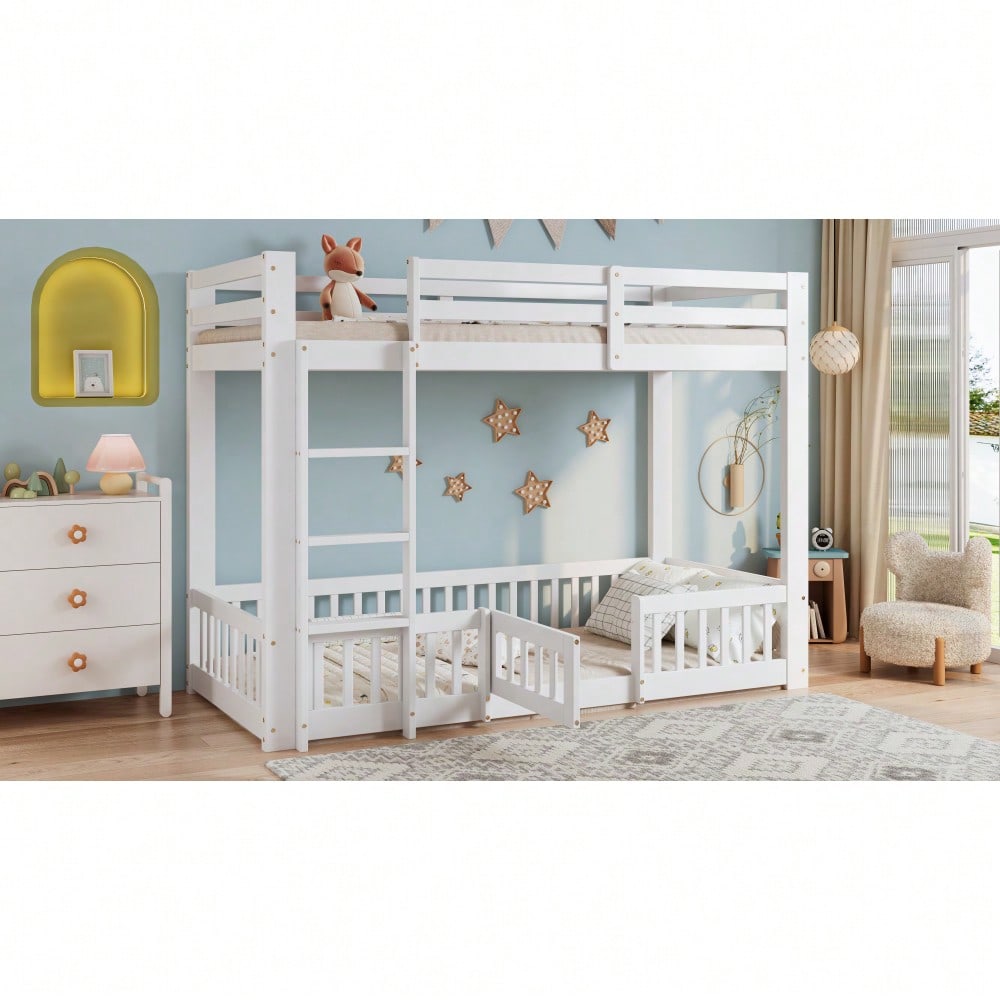 [29688788WAA] Etagenbett, Holzbett, Kiefer + LVL, mit rechtwinkliger Treppe, mit Geländer und Tür, mit Absturzsicherung, Freier Gestaltungsraum unter dem Bett, Weiß, 90x200cm