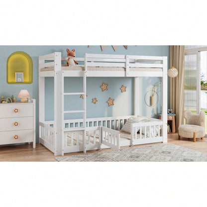 [29688788WAA] Etagenbett, Holzbett, Kiefer + LVL, mit rechtwinkliger Treppe, mit Geländer und Tür, mit Absturzsicherung, Freier Gestaltungsraum unter dem Bett, Weiß, 90x200cm