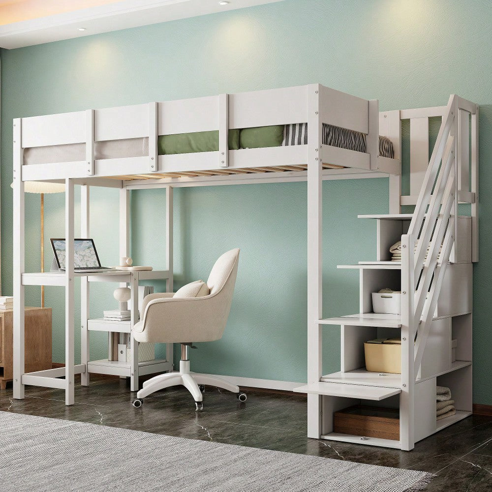 Multifunktionales Etagenbett mit Stauraum Hochbett mit Ablage 90 x 200 cm, Bettgestell aus massivem Kiefernholz mit Lattenrost,Bett für Kinder und Jugendliche Weiß