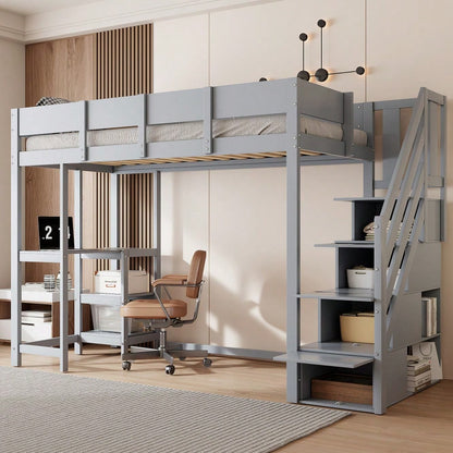 Multifunktionales Etagenbett mit Stauraum Hochbett mit Ablage 90 x 200 cm, Bettgestell aus massivem Kiefernholz mit Lattenrost,Bett für Kinder und Jugendliche Grau