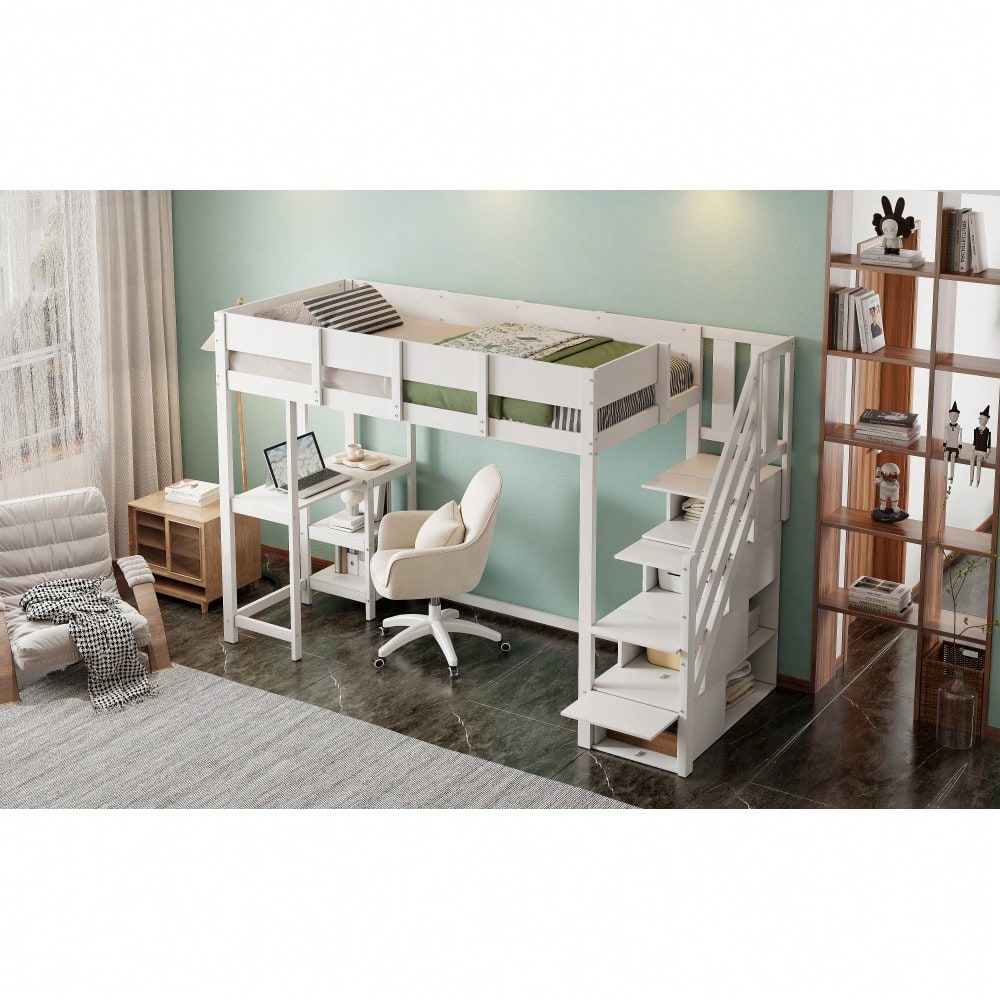 Multifunktionales Etagenbett mit Stauraum Hochbett mit Ablage 90 x 200 cm, Bettgestell aus massivem Kiefernholz mit Lattenrost,Bett für Kinder und Jugendliche Weiß