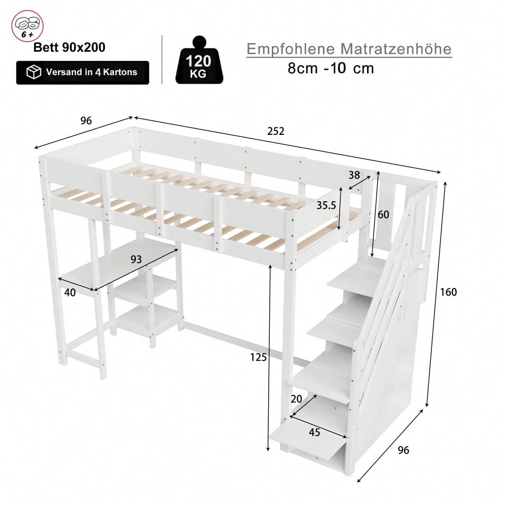 Multifunktionales Etagenbett mit Stauraum Hochbett mit Ablage 90 x 200 cm, Bettgestell aus massivem Kiefernholz mit Lattenrost,Bett für Kinder und Jugendliche Weiß