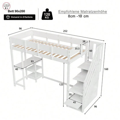 Multifunktionales Etagenbett mit Stauraum Hochbett mit Ablage 90 x 200 cm, Bettgestell aus massivem Kiefernholz mit Lattenrost,Bett für Kinder und Jugendliche Weiß