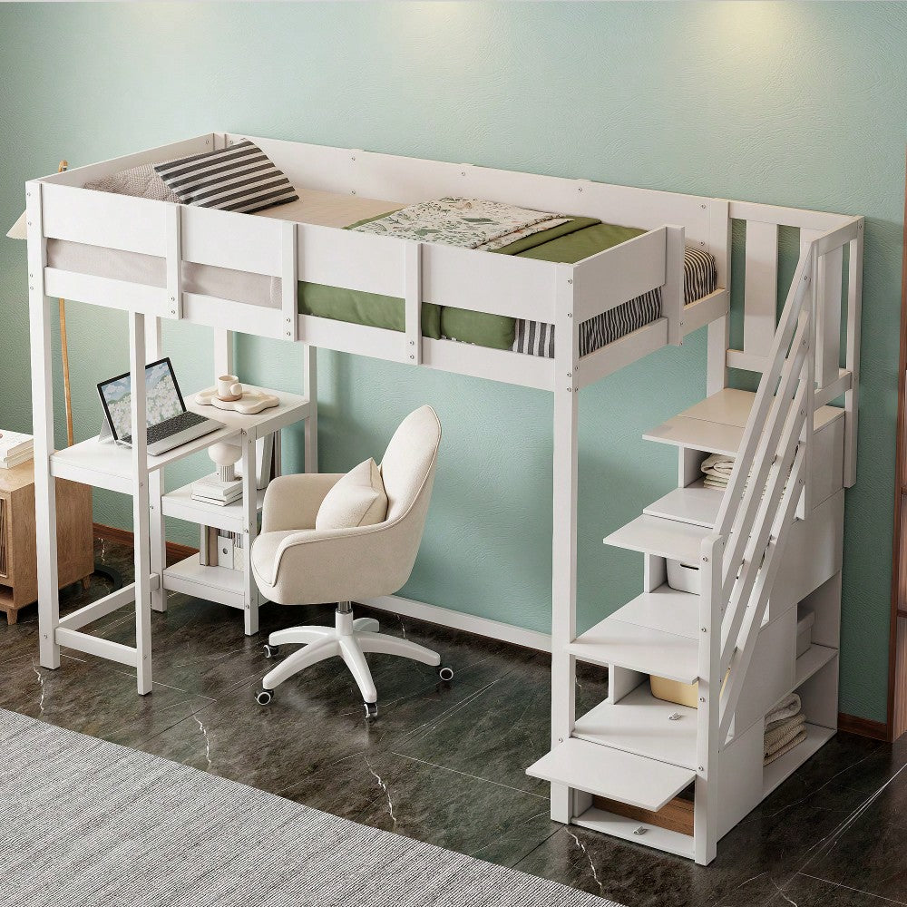Multifunktionales Etagenbett mit Stauraum Hochbett mit Ablage 90 x 200 cm, Bettgestell aus massivem Kiefernholz mit Lattenrost,Bett für Kinder und Jugendliche Weiß