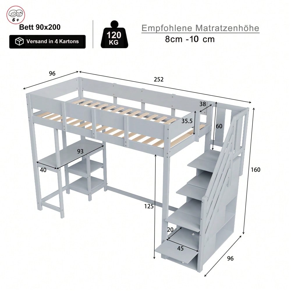 Multifunktionales Etagenbett mit Stauraum Hochbett mit Ablage 90 x 200 cm, Bettgestell aus massivem Kiefernholz mit Lattenrost,Bett für Kinder und Jugendliche Grau