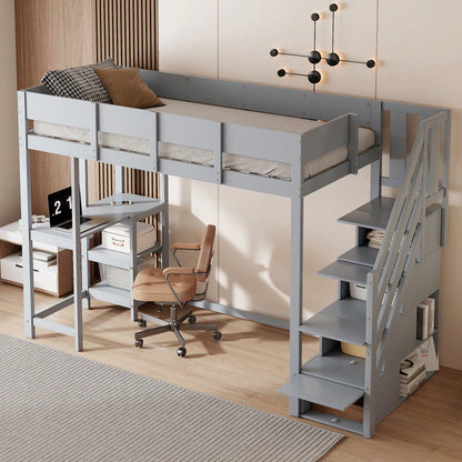 Multifunktionales Etagenbett mit Stauraum Hochbett mit Ablage 90 x 200 cm, Bettgestell aus massivem Kiefernholz mit Lattenrost,Bett für Kinder und Jugendliche Grau