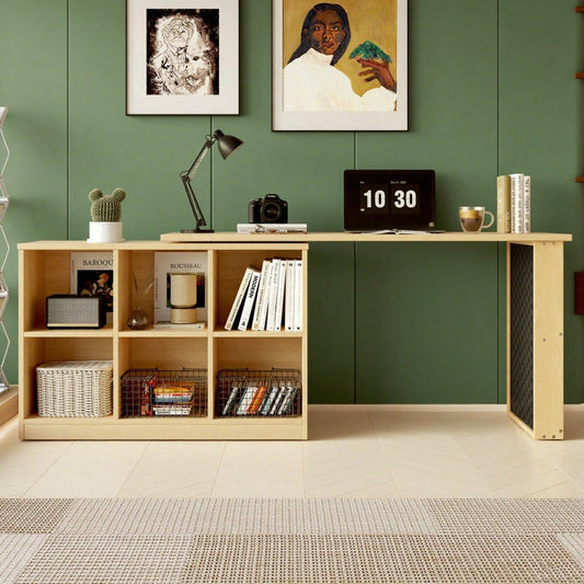 140 x 104 x 75cm Multifunktionaler Bürotisch, Sechsfach-Lagerschrank + Ablage, breite und dicke Schreibtischplatte, Lochplatte + Ablage, super belastbar, veränderbare Form, Natural