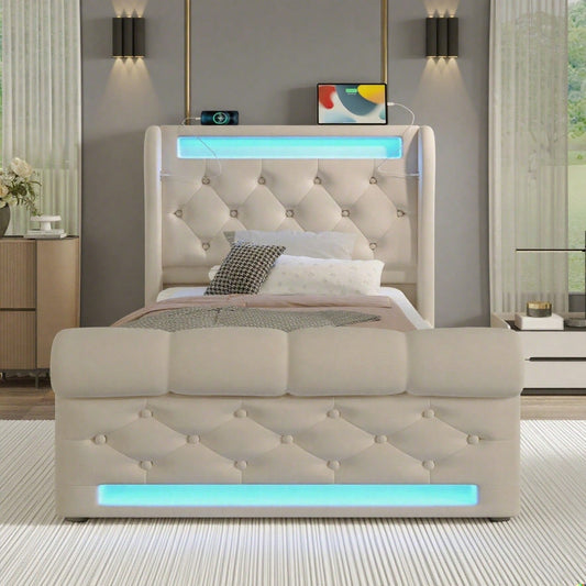 Modernes Polsterbett Einzelbett 90x200cm, Polsterbett mit LED-Leuchten,Stauraum-Kopfteil mit USB- und Typ-C-Anschlüssen, Hydraulisches Stauraumbett, Beige, Samt(Mit Matratze)