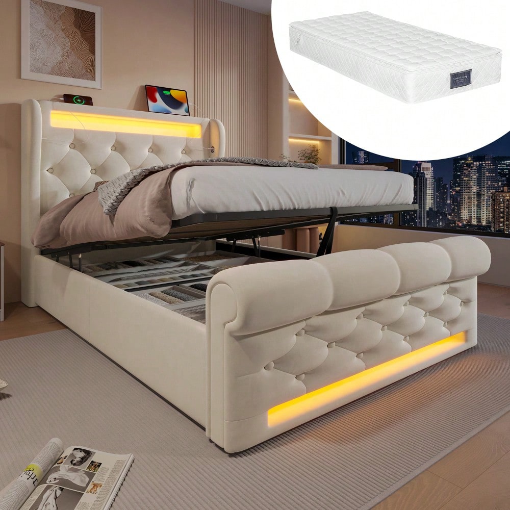 Modernes Polsterbett Einzelbett 90x200cm, Polsterbett mit LED-Leuchten,Stauraum-Kopfteil mit USB- und Typ-C-Anschlüssen, Hydraulisches Stauraumbett, Beige, Samt(Mit Matratze)