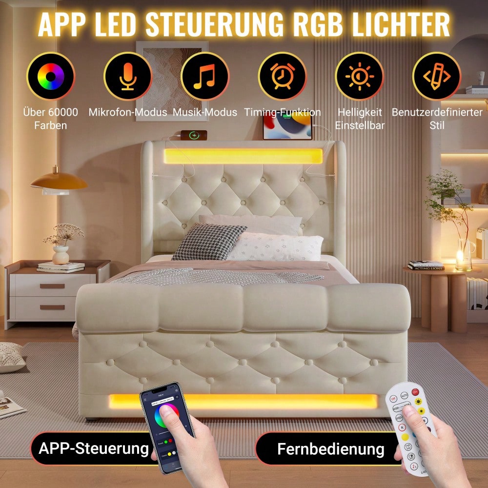 Modernes Polsterbett Einzelbett 90x200cm, Polsterbett mit LED-Leuchten,Stauraum-Kopfteil mit USB- und Typ-C-Anschlüssen, Hydraulisches Stauraumbett, Beige, Samt(Mit Matratze)