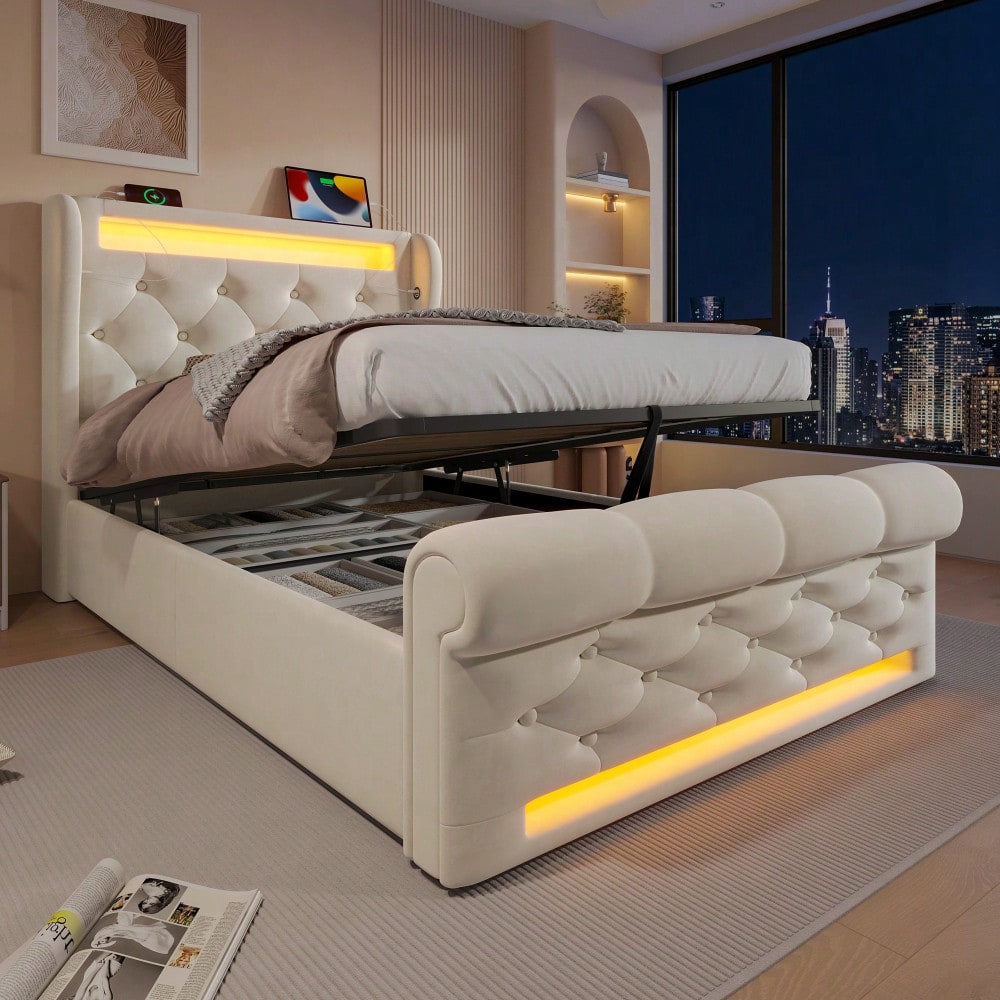 Modernes Polsterbett Einzelbett 90x200cm, Polsterbett mit LED-Leuchten,Stauraum-Kopfteil mit USB- und Typ-C-Anschlüssen, Hydraulisches Stauraumbett, Beige, Samt(Mit Matratze)