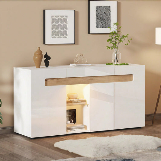 Modernes 3-türiges Sideboard, LED-Lichtsteuerung, Wohnzimmerschrank mit App-Steuerung, 140x40x70 cm Hochglanz-Wohnmöbel, weiß mit Glasboden, Lagerschrank