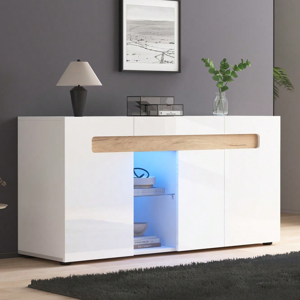 Modernes 3-türiges Sideboard, LED-Lichtsteuerung, Wohnzimmerschrank mit App-Steuerung, 140x40x70 cm Hochglanz-Wohnmöbel, weiß mit Glasboden, Lagerschrank