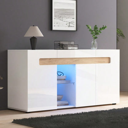 Modernes 3-türiges Sideboard, LED-Lichtsteuerung, Wohnzimmerschrank mit App-Steuerung, 140x40x70 cm Hochglanz-Wohnmöbel, weiß mit Glasboden, Lagerschrank