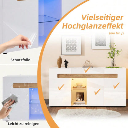Modernes 3-türiges Sideboard, LED-Lichtsteuerung, Wohnzimmerschrank mit App-Steuerung, 140x40x70 cm Hochglanz-Wohnmöbel, weiß mit Glasboden, Lagerschrank