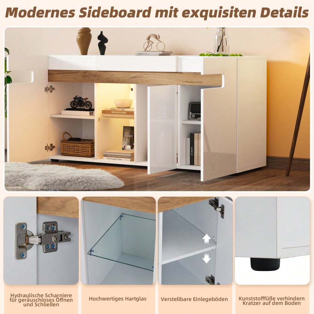 Modernes 3-türiges Sideboard, LED-Lichtsteuerung, Wohnzimmerschrank mit App-Steuerung, 140x40x70 cm Hochglanz-Wohnmöbel, weiß mit Glasboden, Lagerschrank