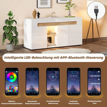 Modernes 3-türiges Sideboard, LED-Lichtsteuerung, Wohnzimmerschrank mit App-Steuerung, 140x40x70 cm Hochglanz-Wohnmöbel, weiß mit Glasboden, Lagerschrank