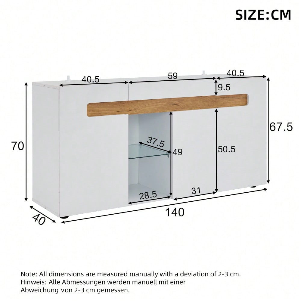 Modernes 3-türiges Sideboard, LED-Lichtsteuerung, Wohnzimmerschrank mit App-Steuerung, 140x40x70 cm Hochglanz-Wohnmöbel, weiß mit Glasboden, Lagerschrank