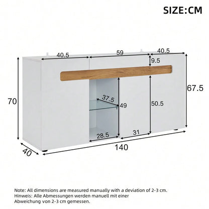 Modernes 3-türiges Sideboard, LED-Lichtsteuerung, Wohnzimmerschrank mit App-Steuerung, 140x40x70 cm Hochglanz-Wohnmöbel, weiß mit Glasboden, Lagerschrank