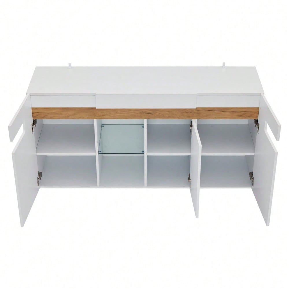 Modernes 3-türiges Sideboard, LED-Lichtsteuerung, Wohnzimmerschrank mit App-Steuerung, 140x40x70 cm Hochglanz-Wohnmöbel, weiß mit Glasboden, Lagerschrank