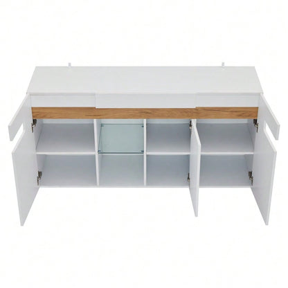 Modernes 3-türiges Sideboard, LED-Lichtsteuerung, Wohnzimmerschrank mit App-Steuerung, 140x40x70 cm Hochglanz-Wohnmöbel, weiß mit Glasboden, Lagerschrank
