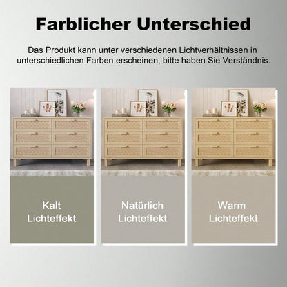 Elegantes Sideboard und Kommode aus Naturholz mit sechs Schubladen, Schlafzimmerschrank mit viel Stauraum, Schubladen in Rattanoptik.