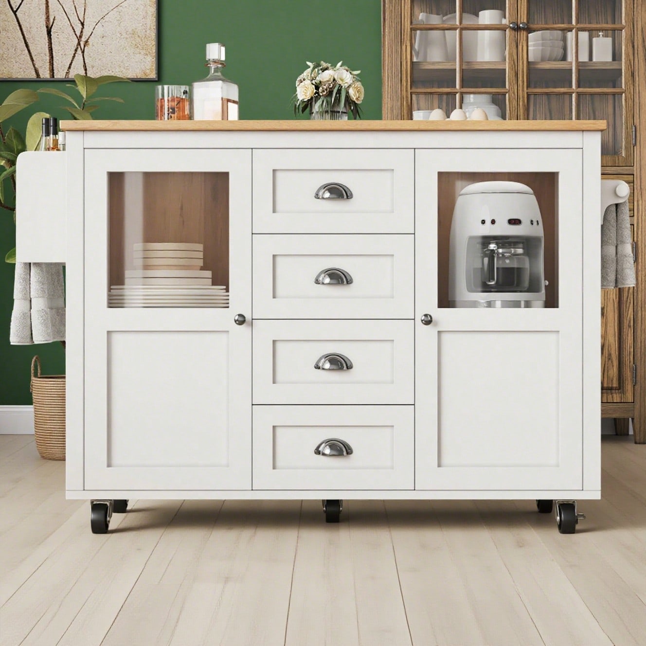 Kücheninsel,Küchenschrank,Buffetschrank,120x73(45)x93cm,ausziehbarer Küchenwagen mit Rollen, Handtuchhalter, Gewürzregal, verstellbaren Einlegeböden, zwei Türen, vier Schubladen, weiß/schwarz
