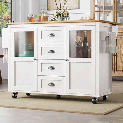 Kücheninsel,Küchenschrank,Buffetschrank,120x73(45)x93cm,ausziehbarer Küchenwagen mit Rollen, Handtuchhalter, Gewürzregal, verstellbaren Einlegeböden, zwei Türen, vier Schubladen, weiß/schwarz