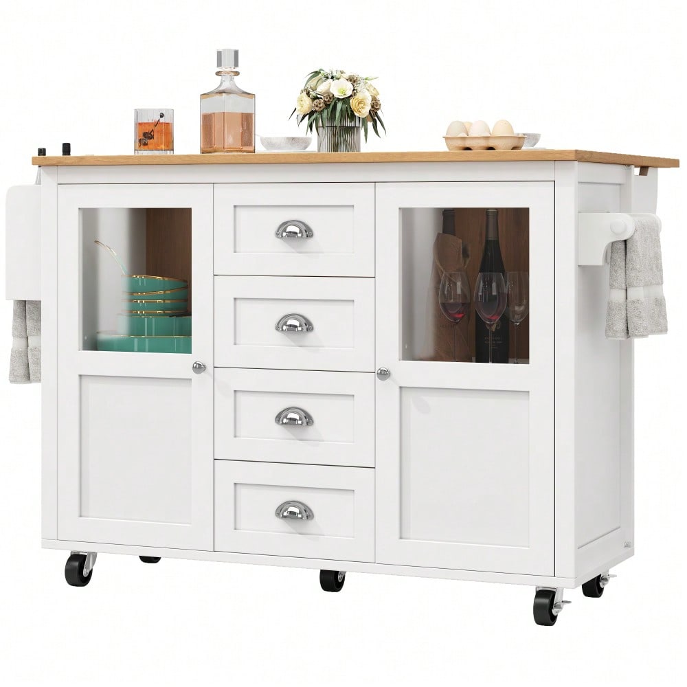 Kücheninsel,Küchenschrank,Buffetschrank,120x73(45)x93cm,ausziehbarer Küchenwagen mit Rollen, Handtuchhalter, Gewürzregal, verstellbaren Einlegeböden, zwei Türen, vier Schubladen, weiß/schwarz