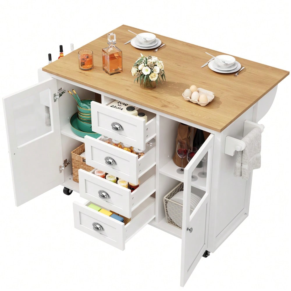 Kücheninsel,Küchenschrank,Buffetschrank,120x73(45)x93cm,ausziehbarer Küchenwagen mit Rollen, Handtuchhalter, Gewürzregal, verstellbaren Einlegeböden, zwei Türen, vier Schubladen, weiß/schwarz