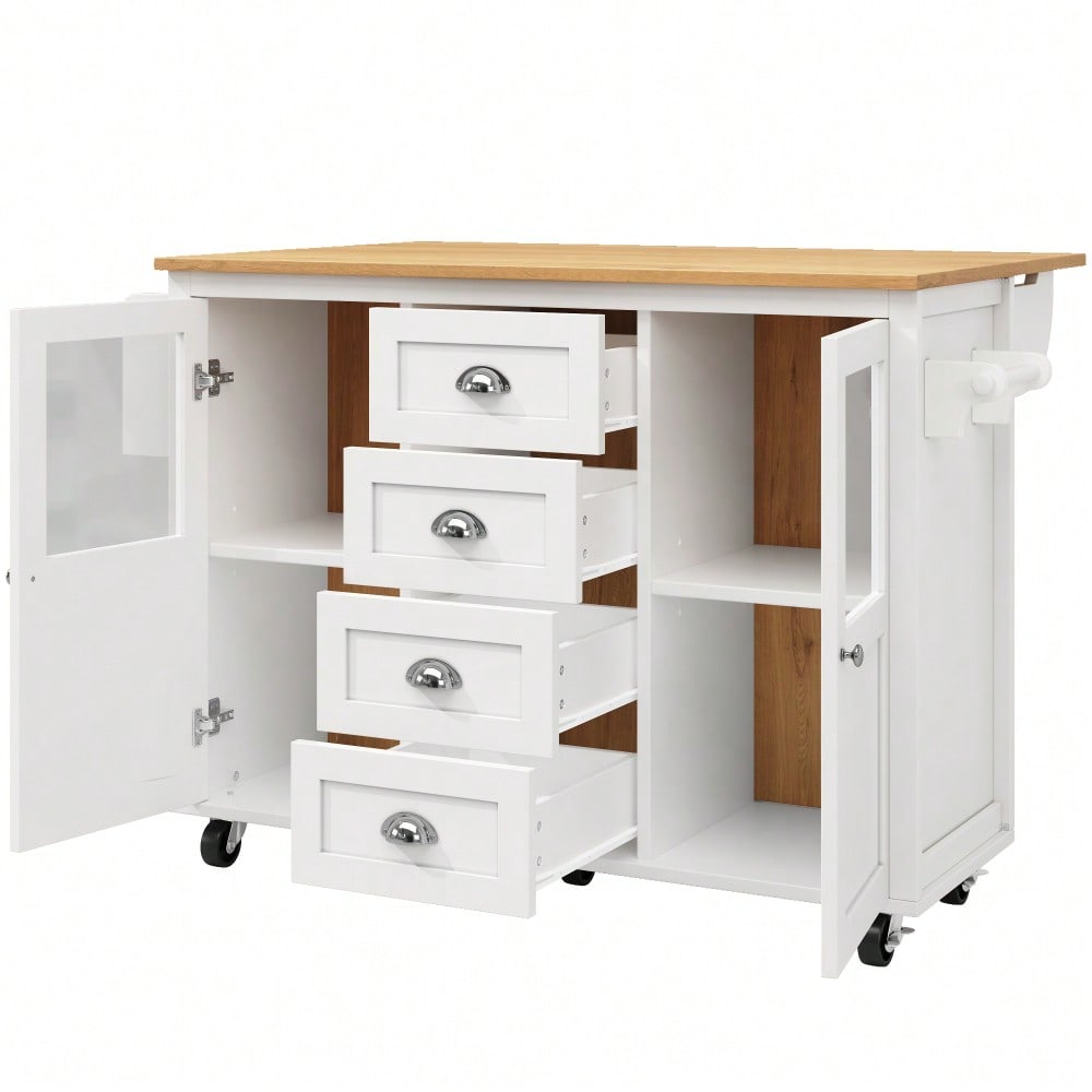 Kücheninsel,Küchenschrank,Buffetschrank,120x73(45)x93cm,ausziehbarer Küchenwagen mit Rollen, Handtuchhalter, Gewürzregal, verstellbaren Einlegeböden, zwei Türen, vier Schubladen, weiß/schwarz