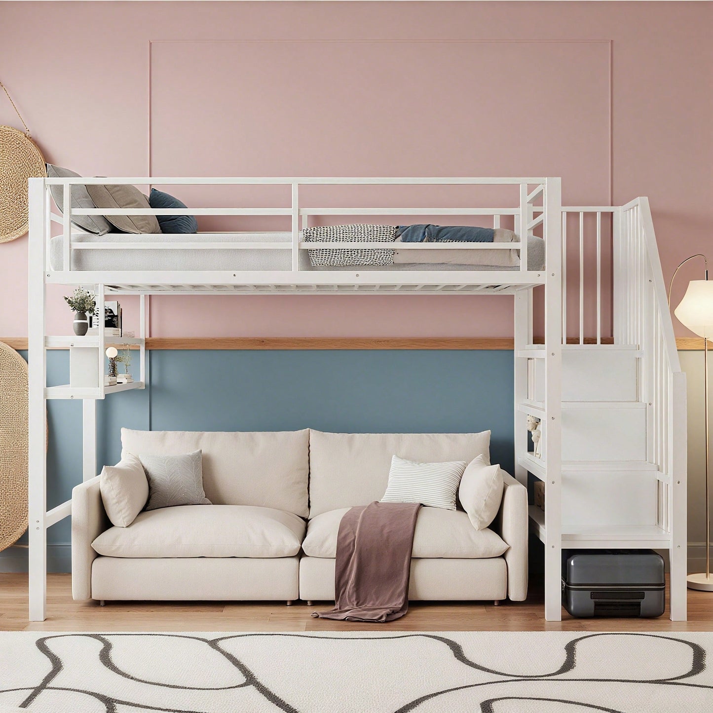 Hochbett, 90*200cm , Einlegeböden, Stauraumleiter, Freiraum unter dem Bett zum Verkleiden, Geländer, ohne Matratze, Weiß