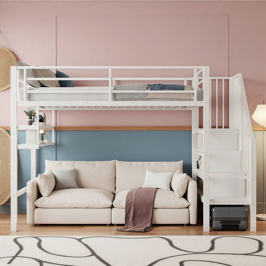 Hochbett, 90*200cm , Einlegeböden, Stauraumleiter, Freiraum unter dem Bett zum Verkleiden, Geländer, ohne Matratze, Weiß