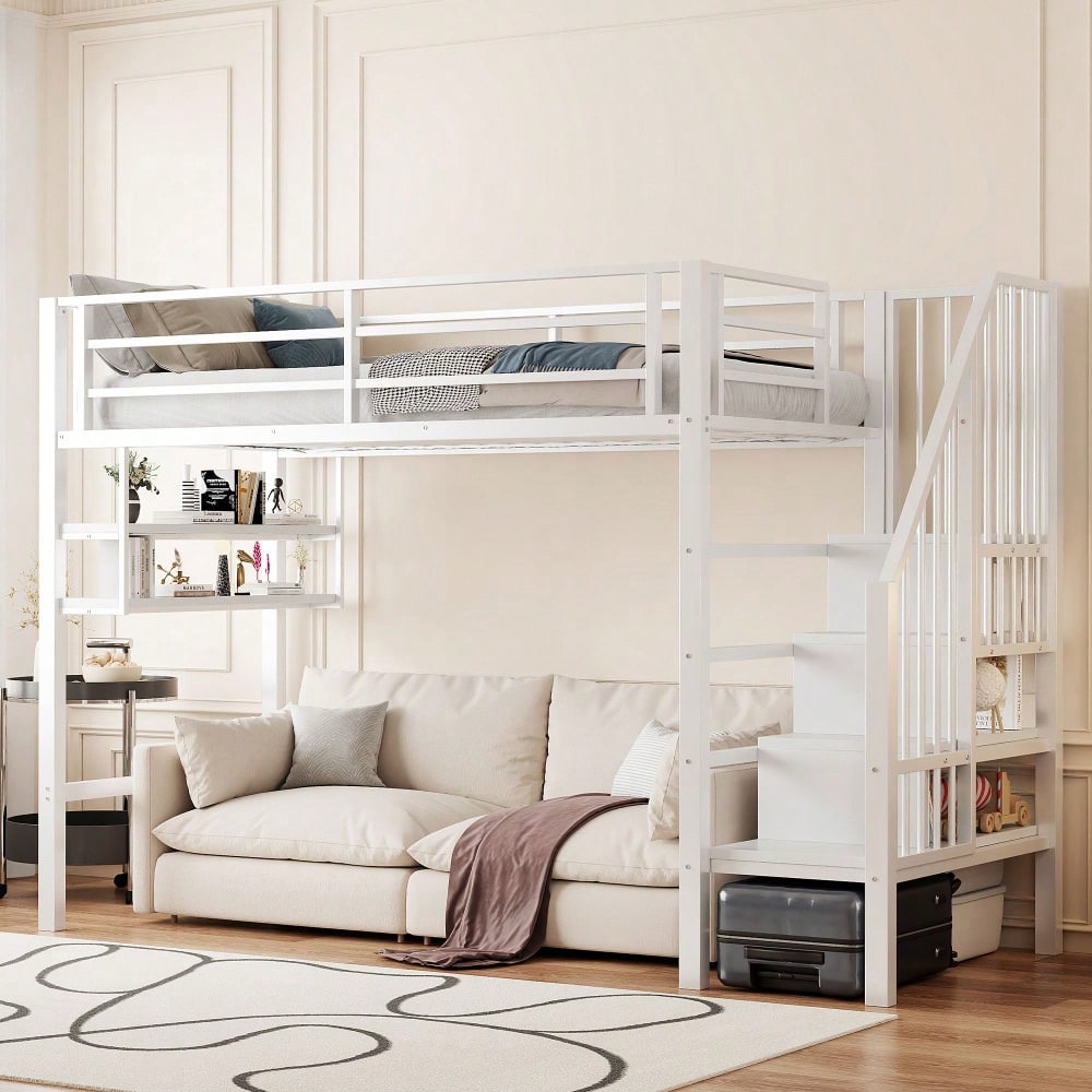 Hochbett, 90*200cm , Einlegeböden, Stauraumleiter, Freiraum unter dem Bett zum Verkleiden, Geländer, ohne Matratze, Weiß