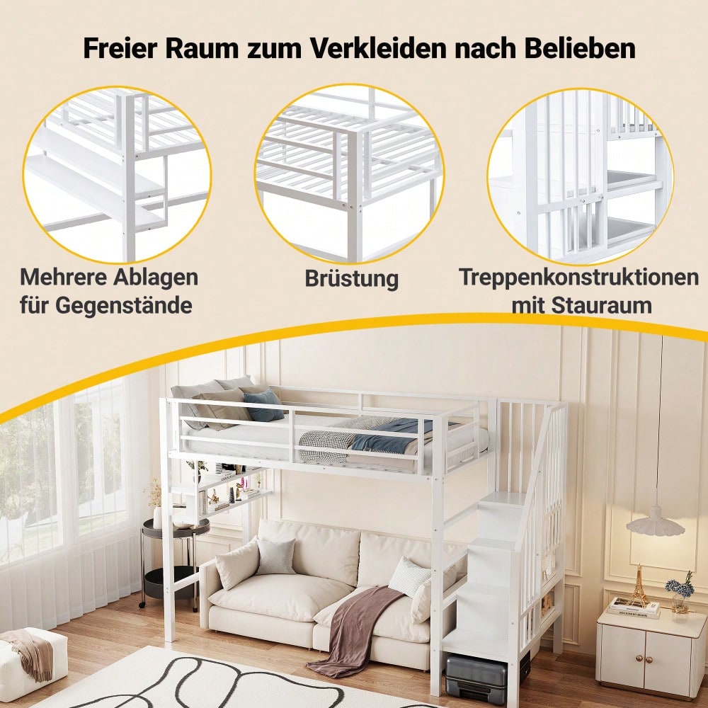 Hochbett, 90*200cm , Einlegeböden, Stauraumleiter, Freiraum unter dem Bett zum Verkleiden, Geländer, ohne Matratze, Weiß