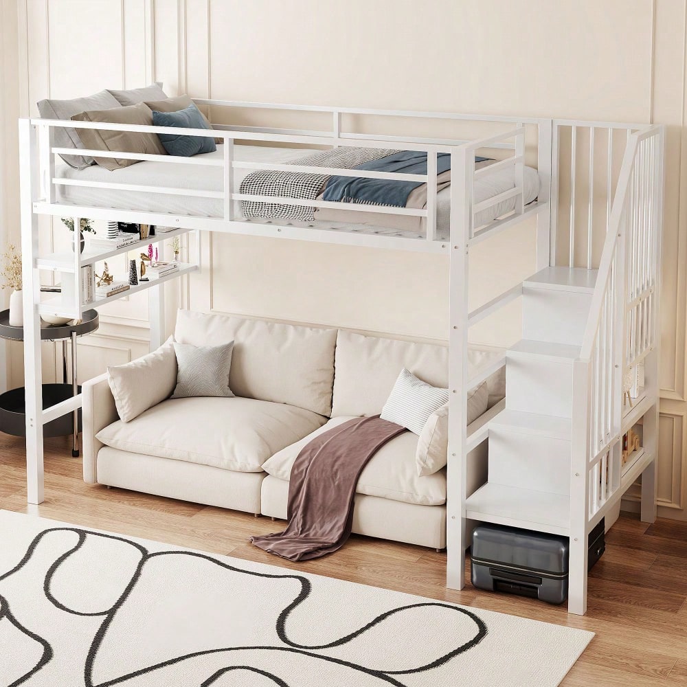 Hochbett, 90*200cm , Einlegeböden, Stauraumleiter, Freiraum unter dem Bett zum Verkleiden, Geländer, ohne Matratze, Weiß