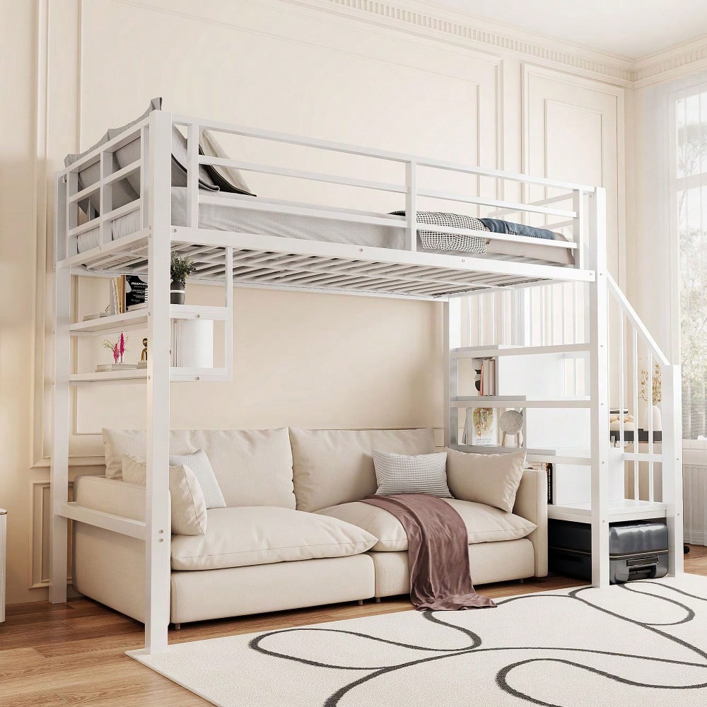 Hochbett, 90*200cm , Einlegeböden, Stauraumleiter, Freiraum unter dem Bett zum Verkleiden, Geländer, ohne Matratze, Weiß