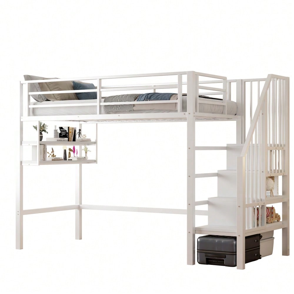 Hochbett, 90*200cm , Einlegeböden, Stauraumleiter, Freiraum unter dem Bett zum Verkleiden, Geländer, ohne Matratze, Weiß
