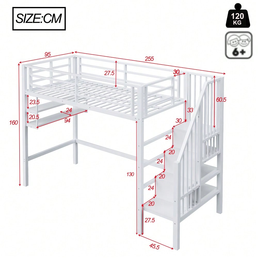 Hochbett, 90*200cm , Einlegeböden, Stauraumleiter, Freiraum unter dem Bett zum Verkleiden, Geländer, ohne Matratze, Weiß
