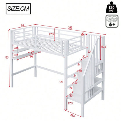 Hochbett, 90*200cm , Einlegeböden, Stauraumleiter, Freiraum unter dem Bett zum Verkleiden, Geländer, ohne Matratze, Weiß