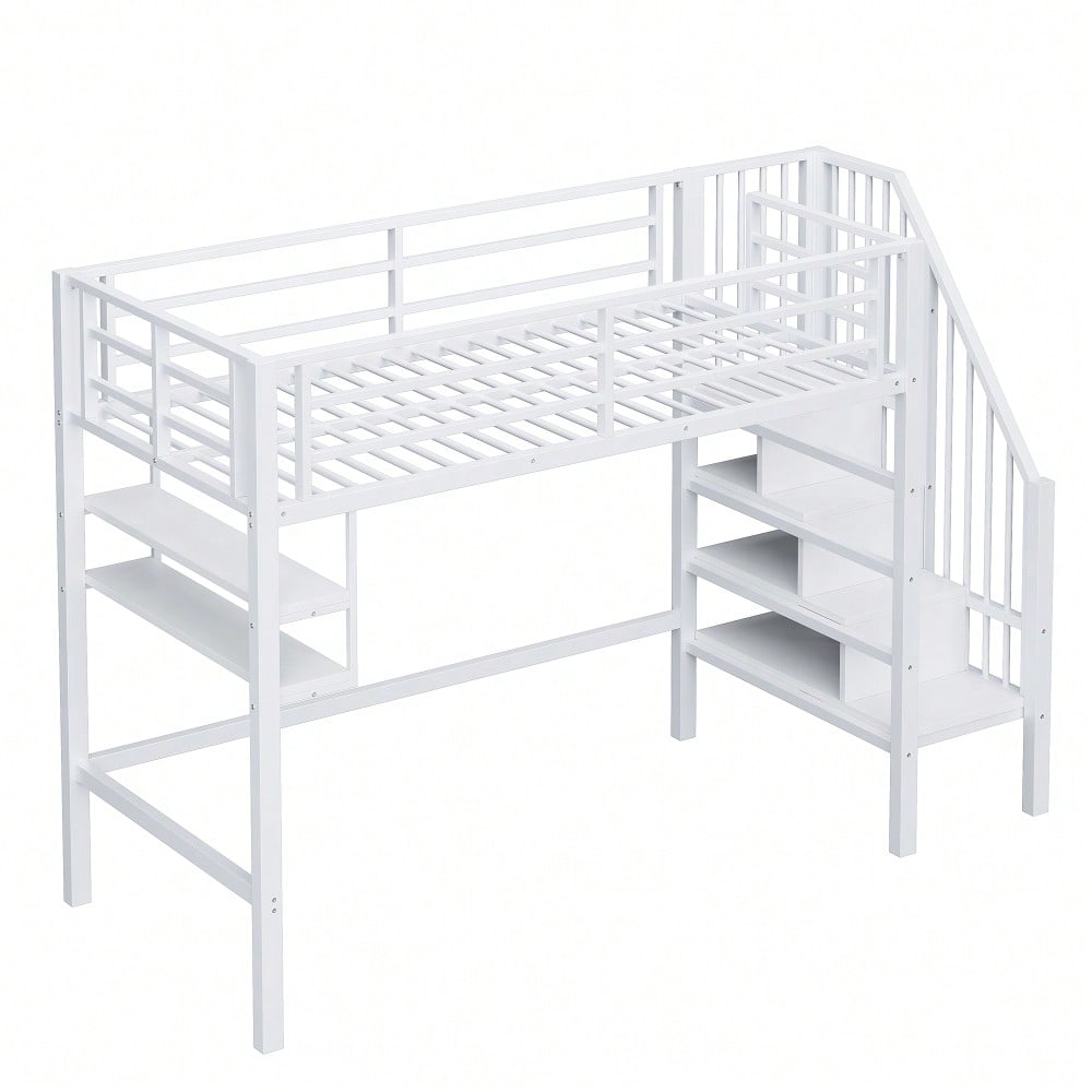 Hochbett, 90*200cm , Einlegeböden, Stauraumleiter, Freiraum unter dem Bett zum Verkleiden, Geländer, ohne Matratze, Weiß