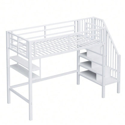 Hochbett, 90*200cm , Einlegeböden, Stauraumleiter, Freiraum unter dem Bett zum Verkleiden, Geländer, ohne Matratze, Weiß